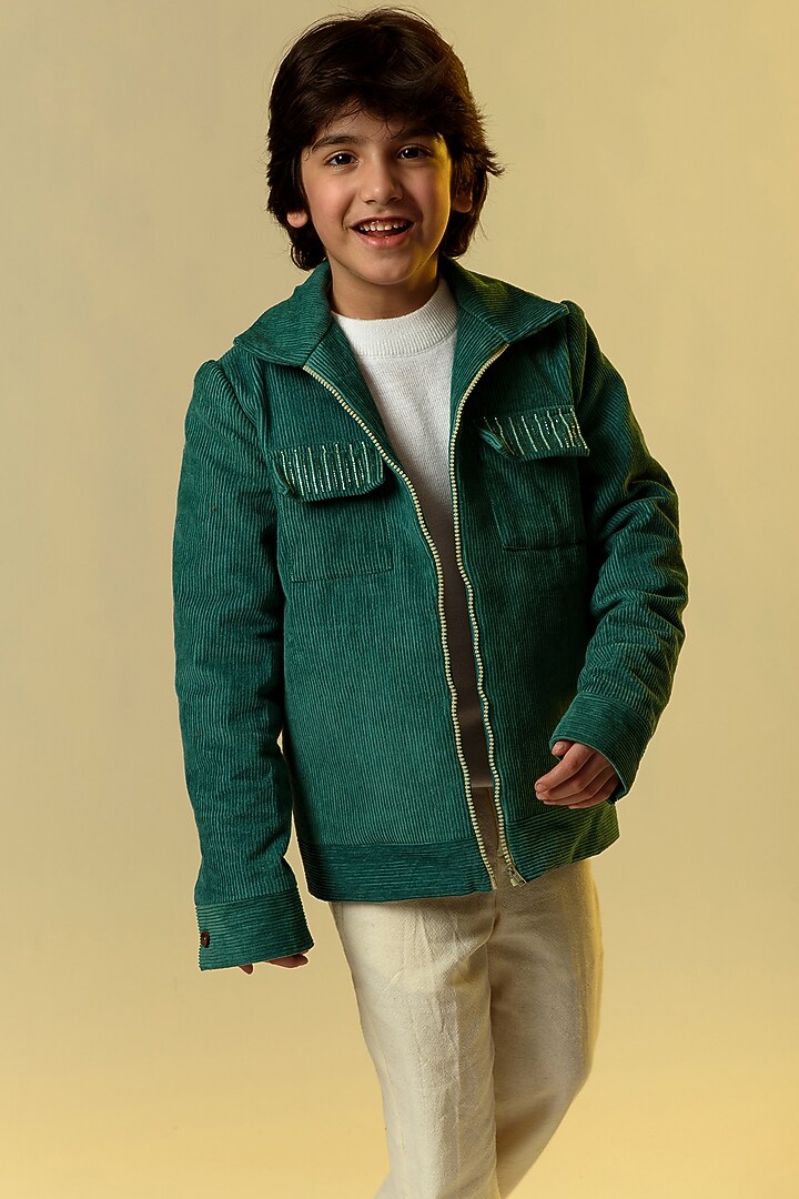 Green Embellished Jacket For Boys by Littleens at Pernia's Pop Up Shop