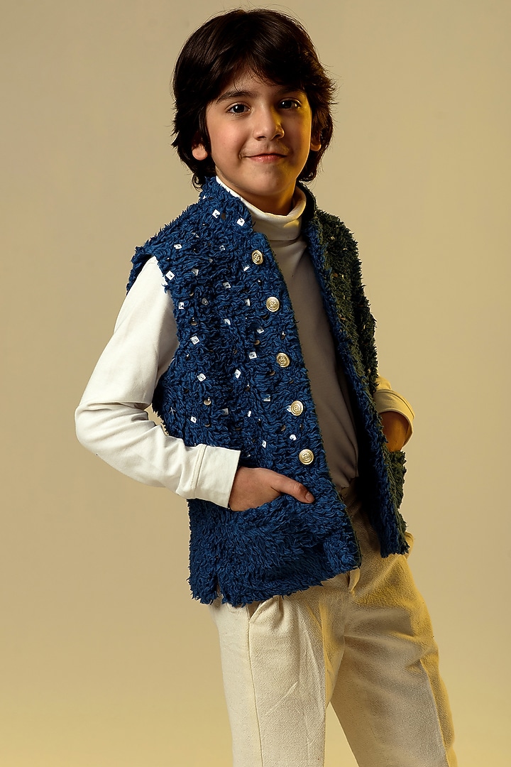 Midnight Blue Organic Sherpa Waistcoat For Boys by Littleens at Pernia's Pop Up Shop