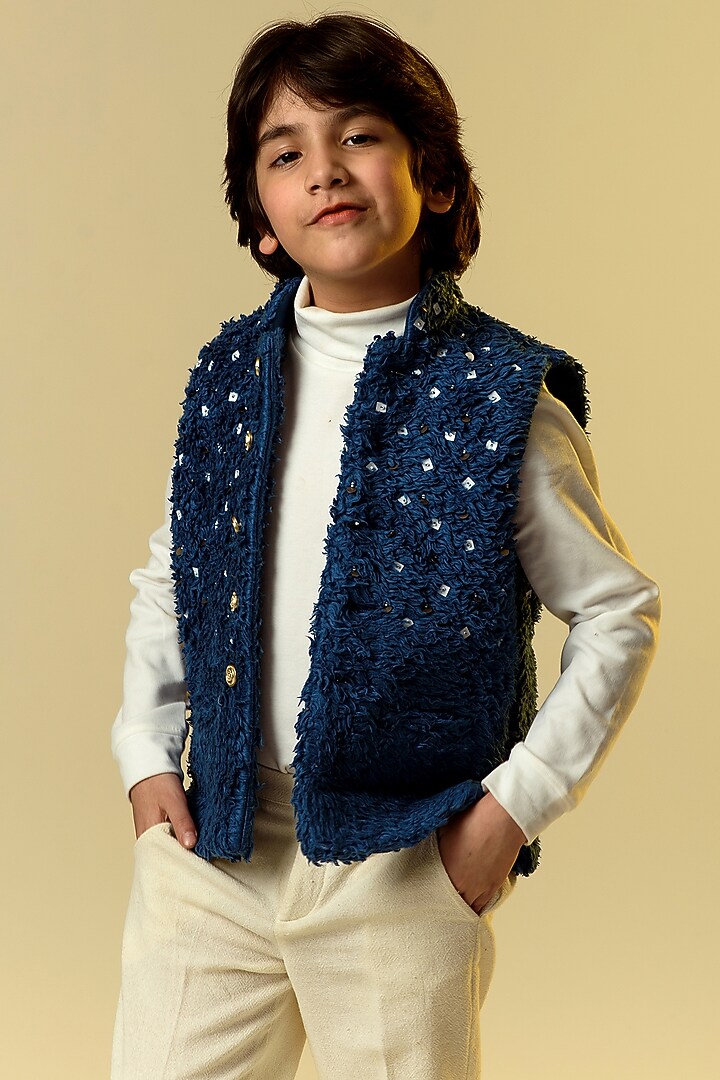 Midnight Blue Organic Sherpa Waistcoat For Boys by Littleens at Pernia's Pop Up Shop