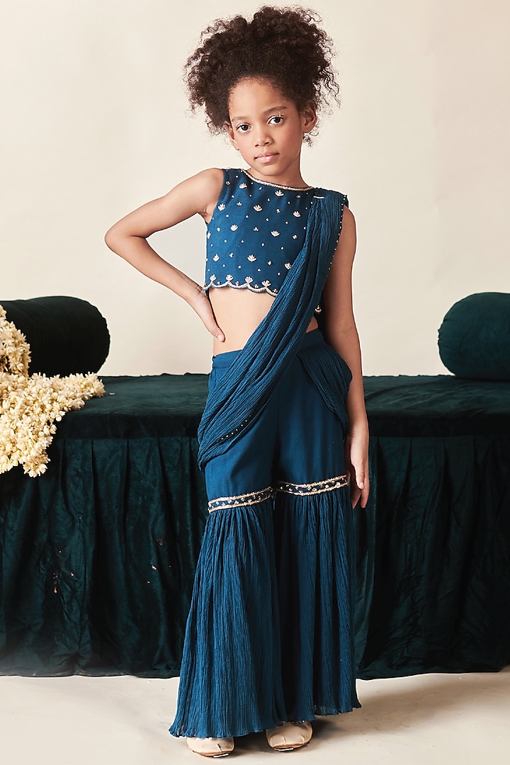 Blue Sapphire Vortex Crush Cotton Motifs Embroidered Sharara Pant Saree Set For Girls by Littleens at Pernia's Pop Up Shop