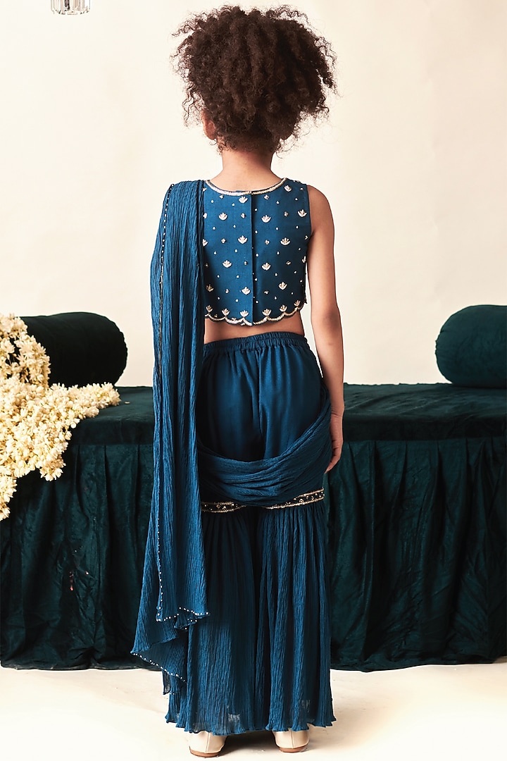 Blue Sapphire Vortex Crush Cotton Motifs Embroidered Sharara Pant Saree Set For Girls by Littleens at Pernia's Pop Up Shop