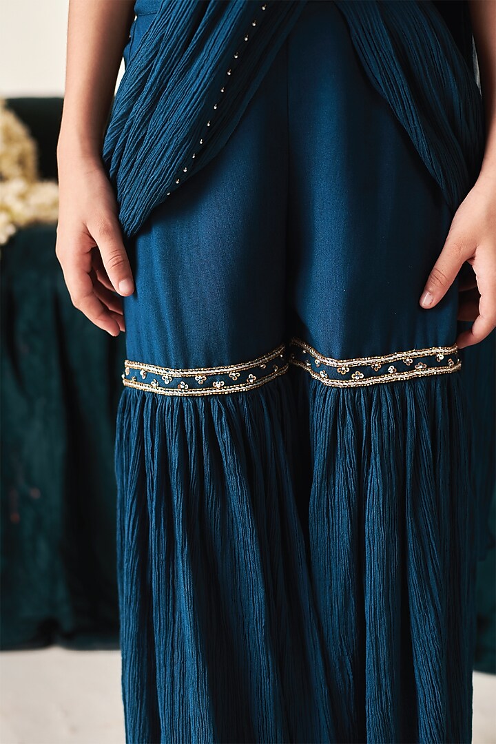 Blue Sapphire Vortex Crush Cotton Motifs Embroidered Sharara Pant Saree Set For Girls by Littleens at Pernia's Pop Up Shop