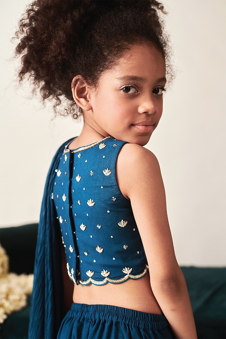 Blue Sapphire Vortex Crush Cotton Motifs Embroidered Sharara Pant Saree Set For Girls by Littleens at Pernia's Pop Up Shop