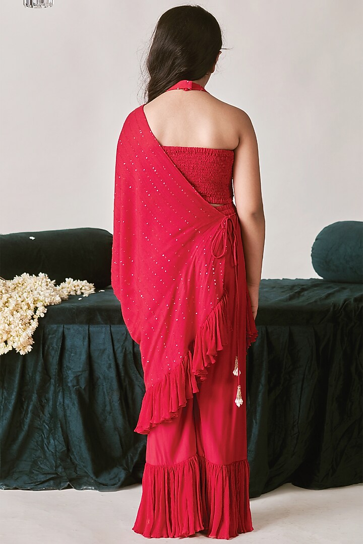 Crimson Red Vortex Chinon Layered Sharara Set For Girls by Littleens at Pernia's Pop Up Shop