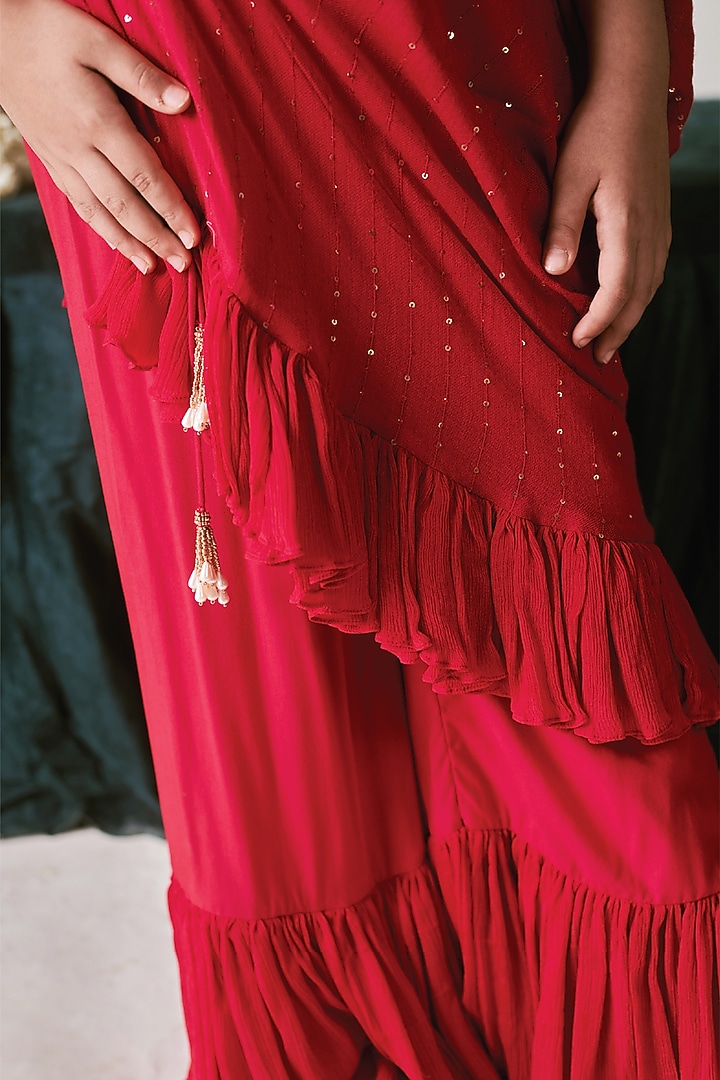 Crimson Red Vortex Chinon Layered Sharara Set For Girls by Littleens at Pernia's Pop Up Shop