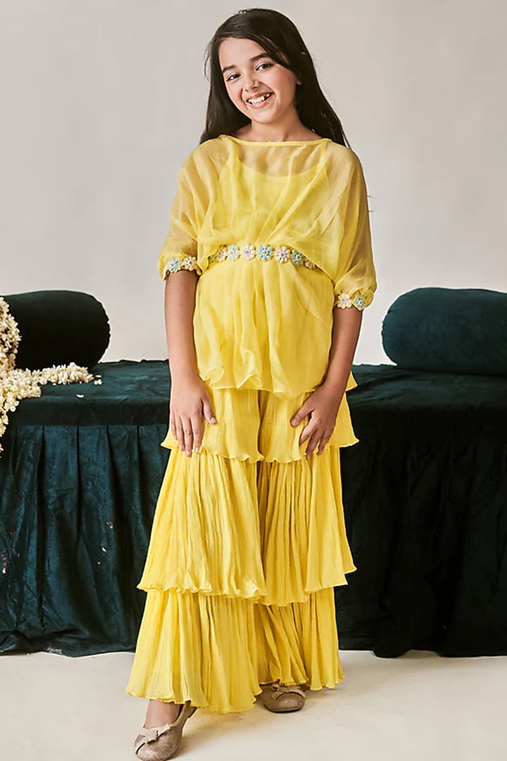 Daffodil Yellow Crush Cotton Draped Sharara Pant Saree Set For Girls by Littleens at Pernia's Pop Up Shop