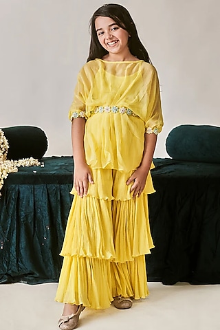 Daffodil Yellow Crush Cotton Draped Sharara Pant Saree Set For Girls by Littleens
