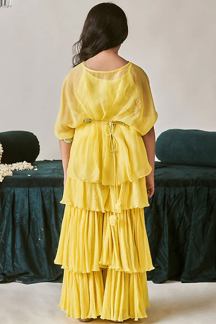 Daffodil Yellow Crush Cotton Draped Sharara Pant Saree Set For Girls by Littleens at Pernia's Pop Up Shop