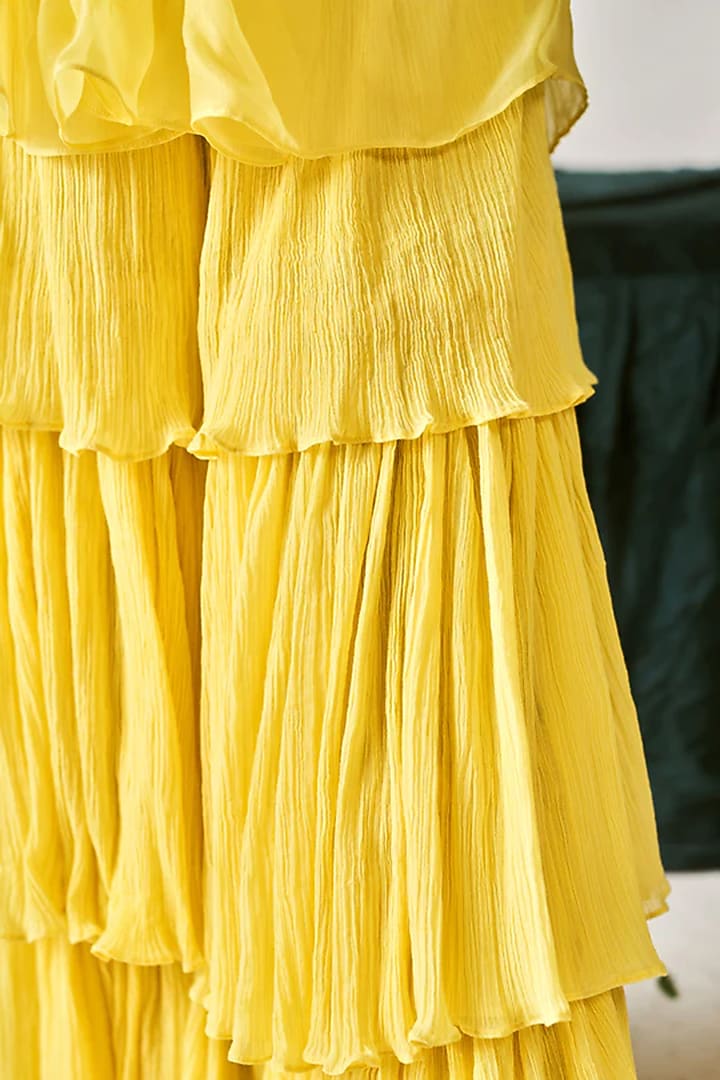 Daffodil Yellow Crush Cotton Draped Sharara Pant Saree Set For Girls by Littleens at Pernia's Pop Up Shop