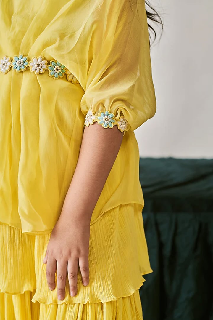 Daffodil Yellow Crush Cotton Draped Sharara Pant Saree Set For Girls by Littleens at Pernia's Pop Up Shop