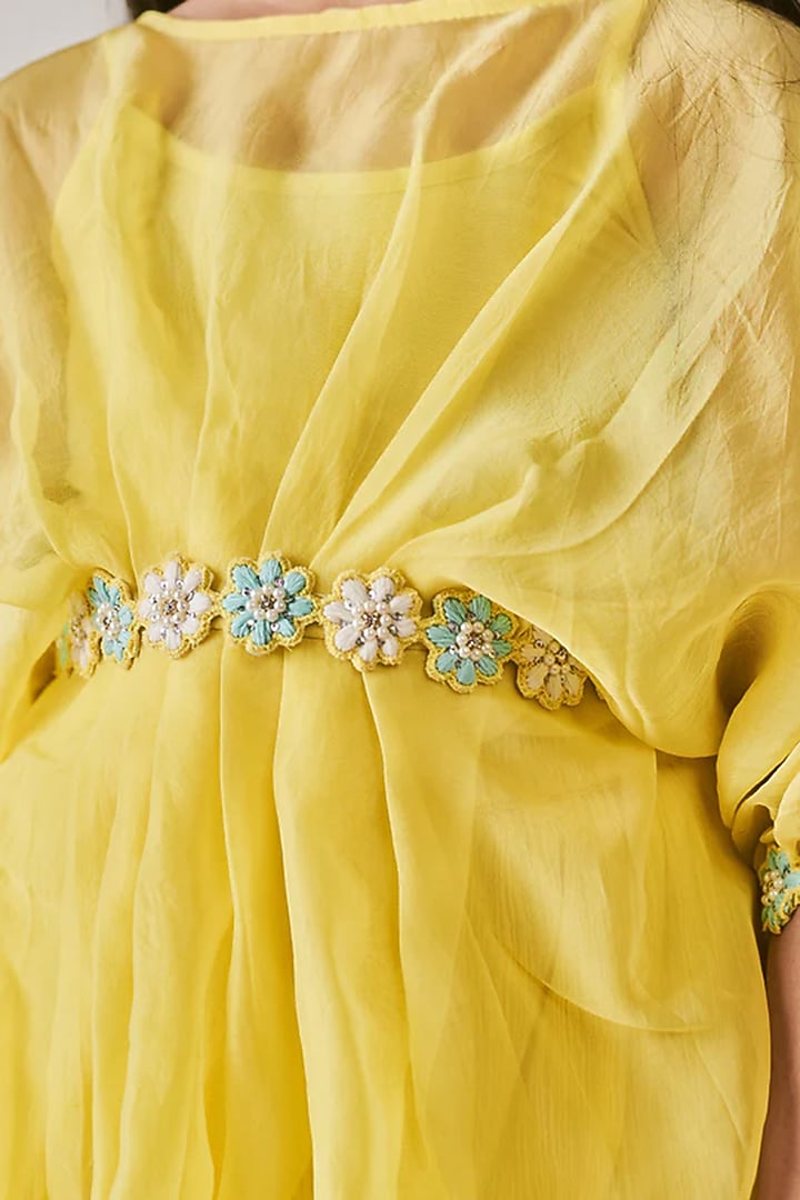 Daffodil Yellow Crush Cotton Draped Sharara Pant Saree Set For Girls by Littleens at Pernia's Pop Up Shop