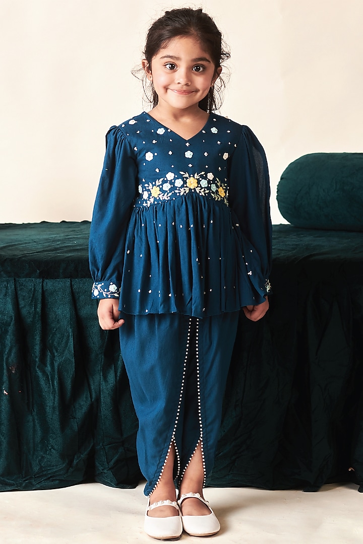 Blue Sapphire Vortex Floral Embroidered Kurta Set For Girls by Littleens