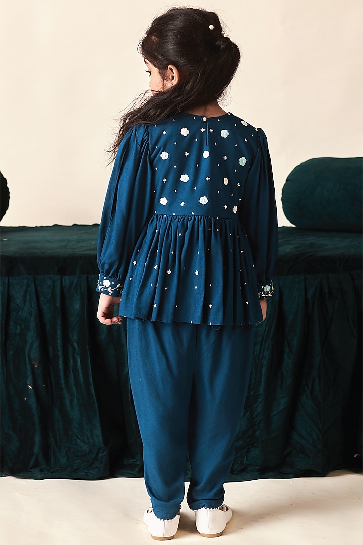 Blue Sapphire Vortex Floral Embroidered Kurta Set For Girls by Littleens at Pernia's Pop Up Shop