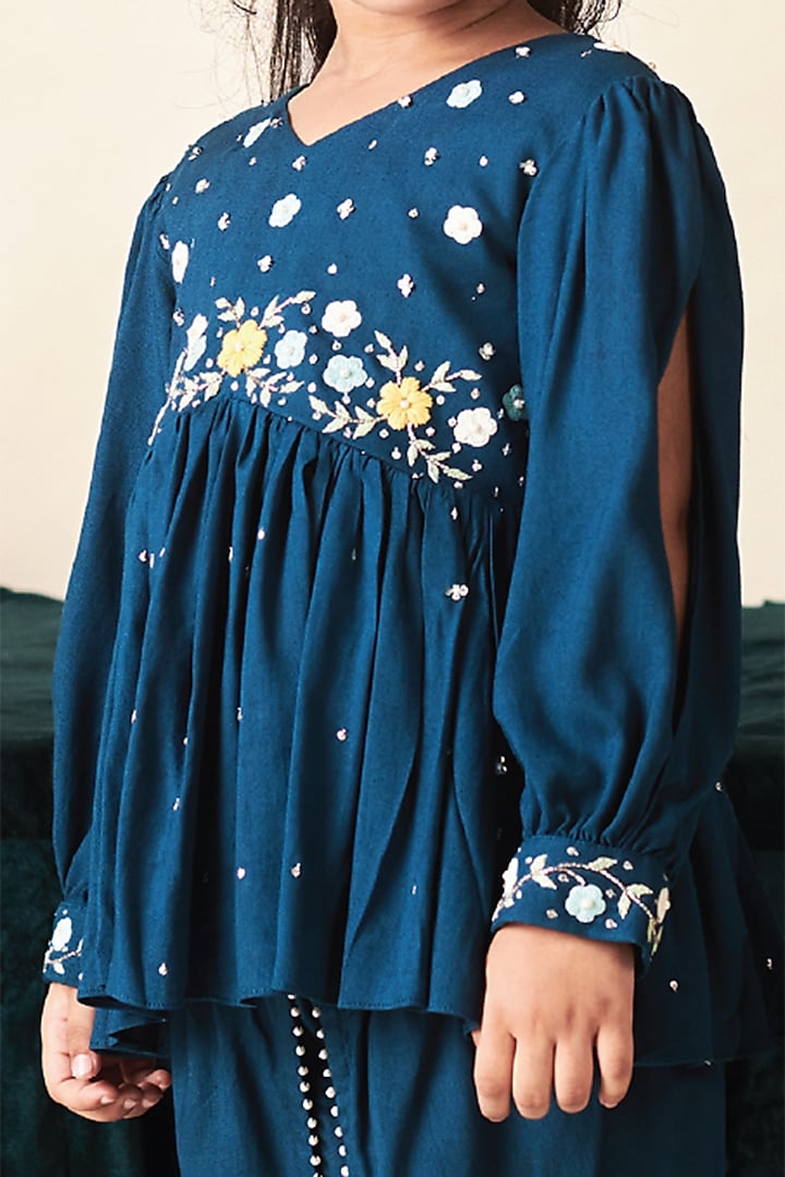 Blue Sapphire Vortex Floral Embroidered Kurta Set For Girls by Littleens at Pernia's Pop Up Shop