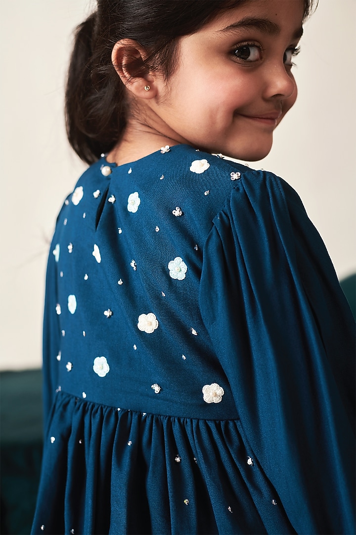 Blue Sapphire Vortex Floral Embroidered Kurta Set For Girls by Littleens at Pernia's Pop Up Shop