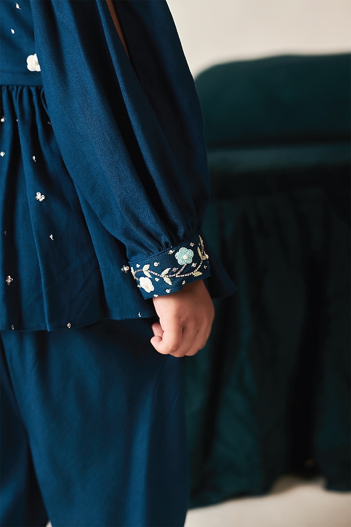 Blue Sapphire Vortex Floral Embroidered Kurta Set For Girls by Littleens at Pernia's Pop Up Shop