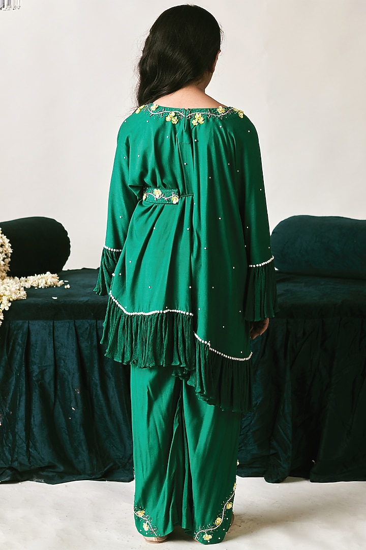 Irish Green Vortex Chinon 3D Floral Printed Kaftan Set For Girls by Littleens at Pernia's Pop Up Shop