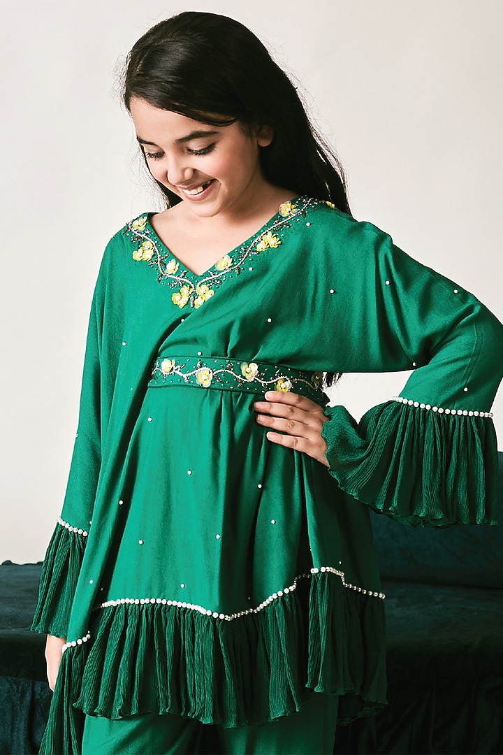 Irish Green Vortex Chinon 3D Floral Printed Kaftan Set For Girls by Littleens at Pernia's Pop Up Shop
