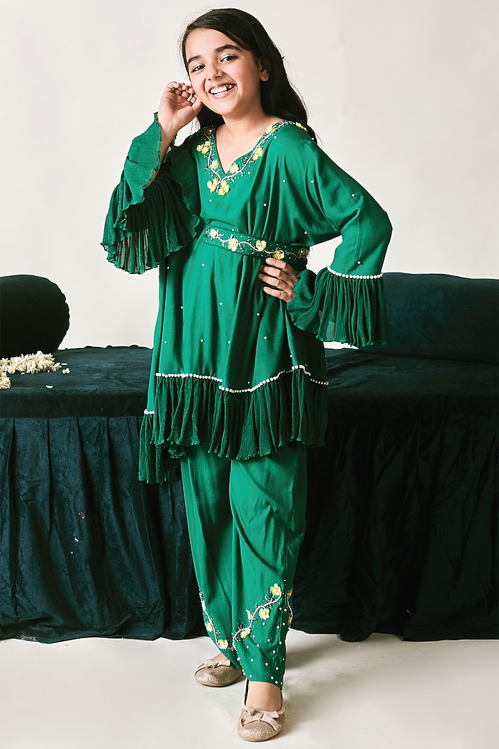 Irish Green Vortex Chinon 3D Floral Printed Kaftan Set For Girls by Littleens at Pernia's Pop Up Shop