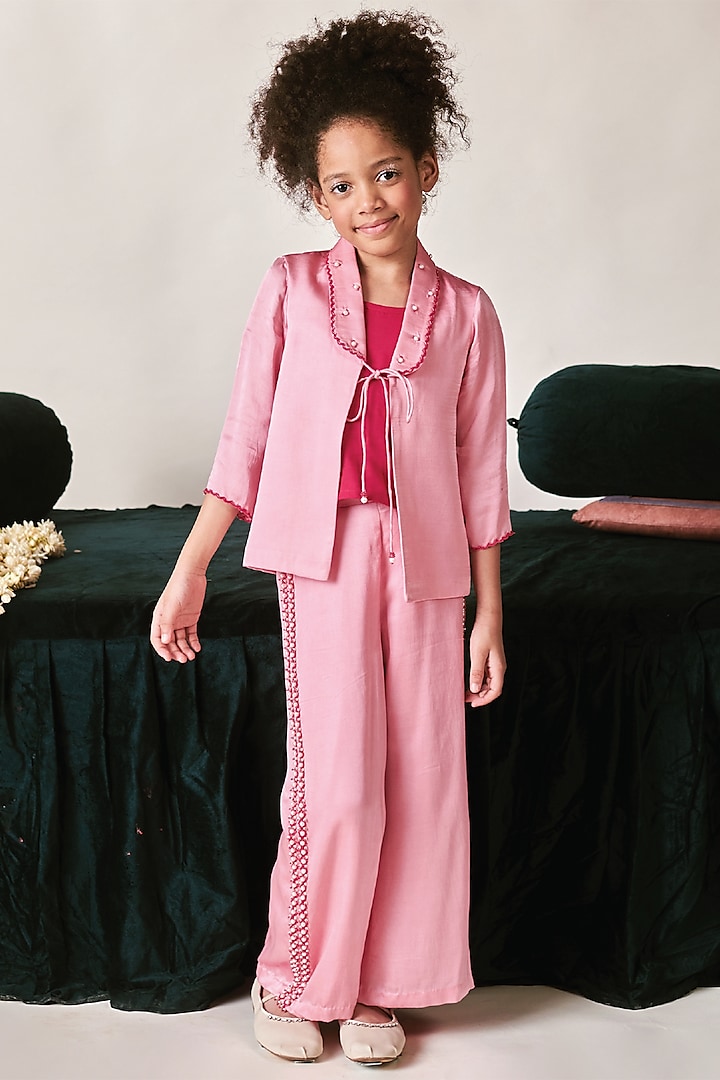 Cherry Blossom German Satin Vortex Pearl Embroidered Jacket Set For Girls by Littleens