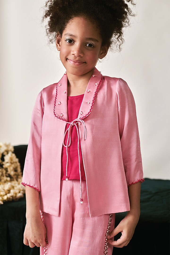 Cherry Blossom German Satin Vortex Pearl Embroidered Jacket Set For Girls by Littleens at Pernia's Pop Up Shop