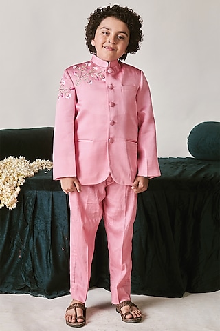 Cherry Blossom German Satin Vortex Bandhgala Set For Boys by Littleens