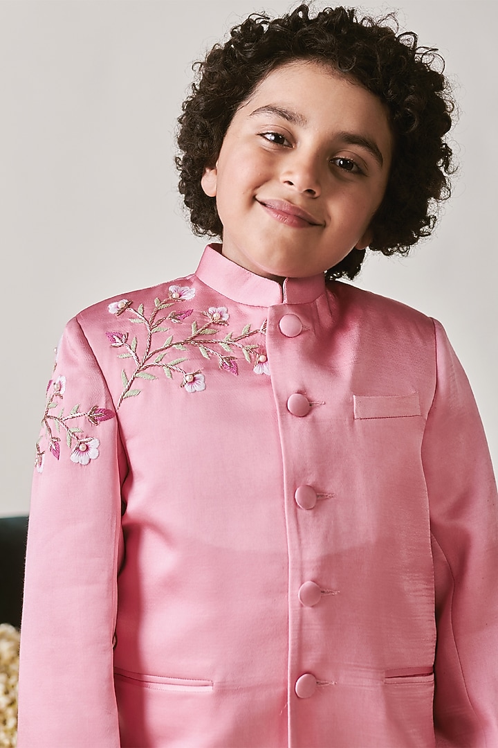 Cherry Blossom German Satin Vortex Bandhgala Set For Boys by Littleens at Pernia's Pop Up Shop