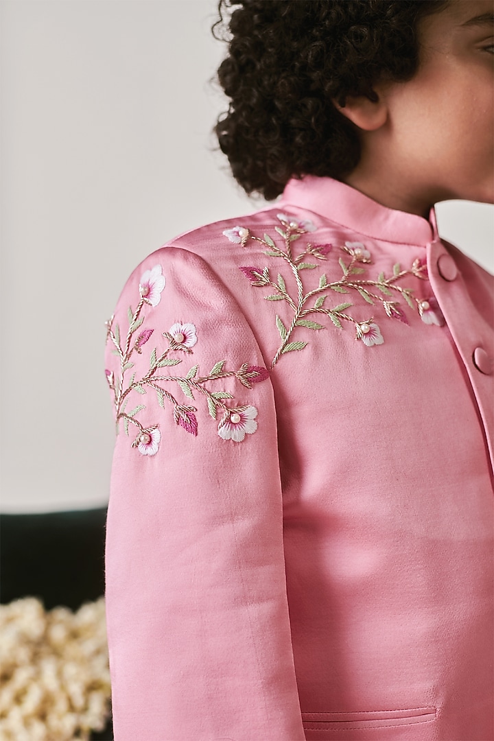 Cherry Blossom German Satin Vortex Bandhgala Set For Boys by Littleens at Pernia's Pop Up Shop