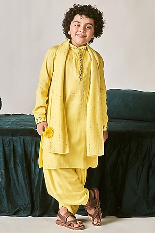 Daffodil Yellow Vegan Silk Vortex Floral Thread Embroidered Kurta Set For Boys by Littleens