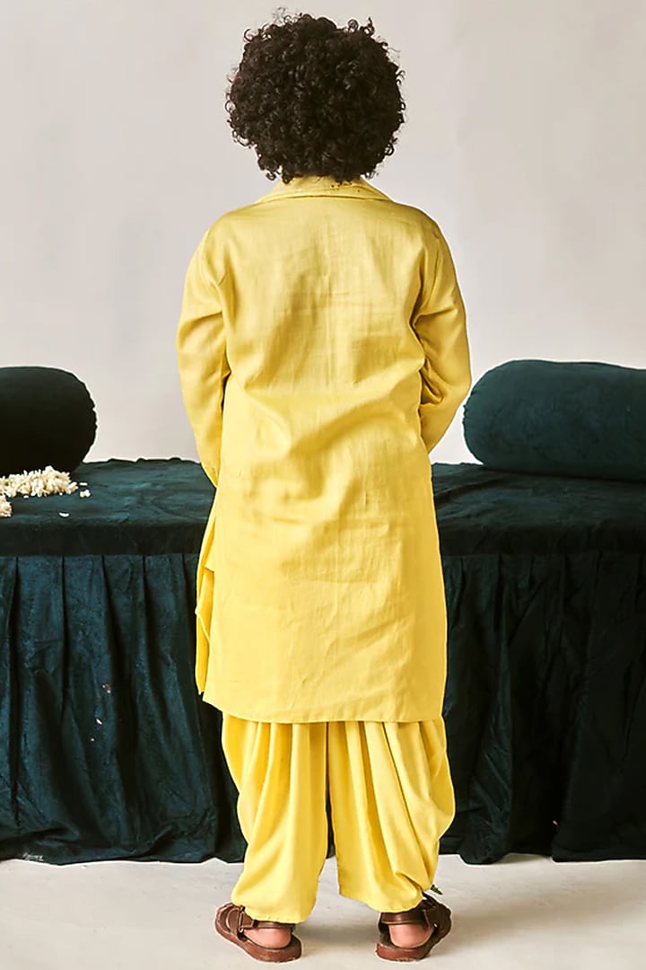 Daffodil Yellow Vegan Silk Vortex Floral Thread Embroidered Kurta Set For Boys by Littleens at Pernia's Pop Up Shop