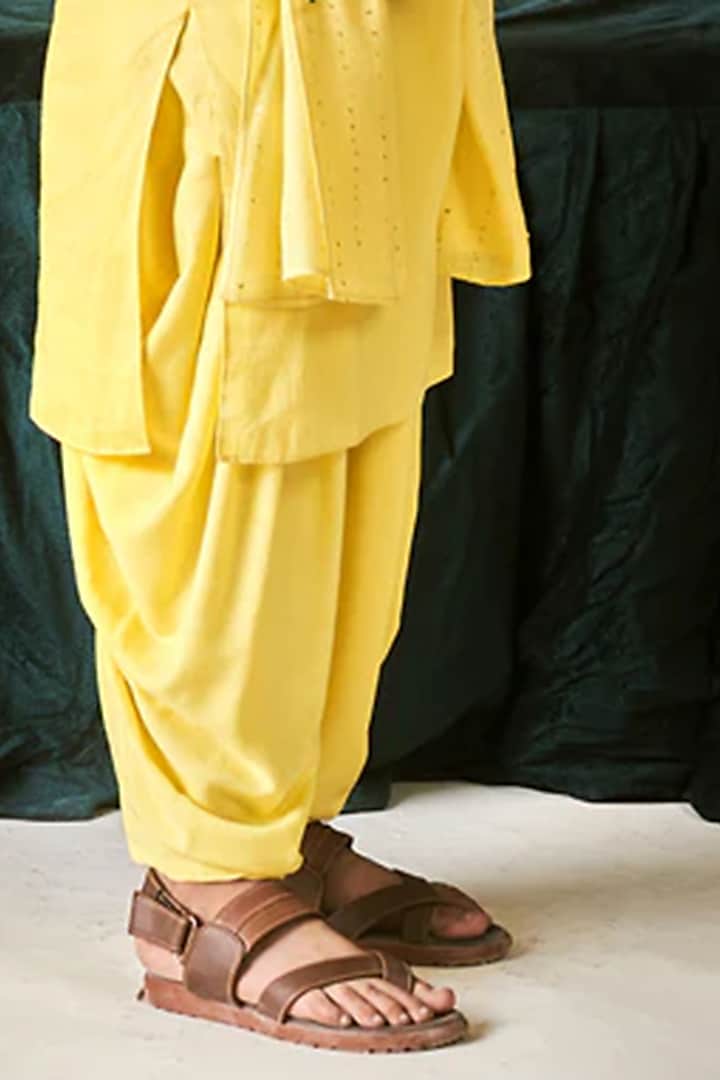 Daffodil Yellow Vegan Silk Vortex Floral Thread Embroidered Kurta Set For Boys by Littleens at Pernia's Pop Up Shop