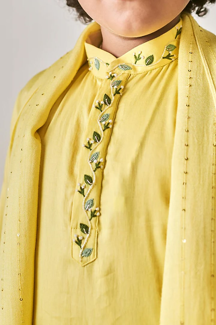 Daffodil Yellow Vegan Silk Vortex Floral Thread Embroidered Kurta Set For Boys by Littleens at Pernia's Pop Up Shop