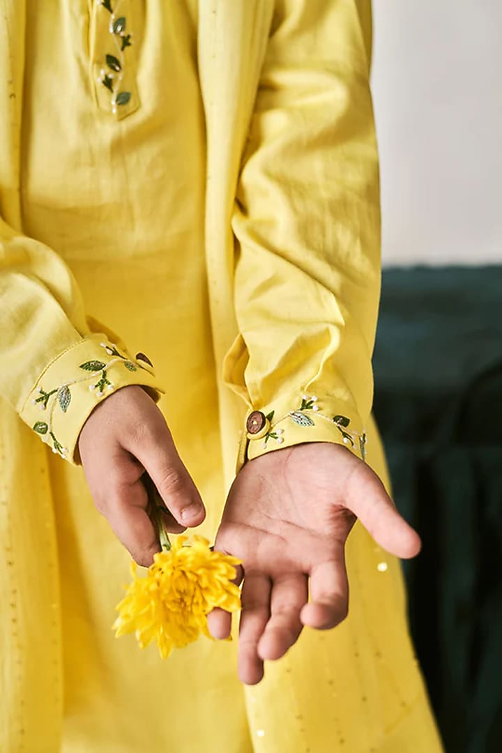 Daffodil Yellow Vegan Silk Vortex Floral Thread Embroidered Kurta Set For Boys by Littleens at Pernia's Pop Up Shop
