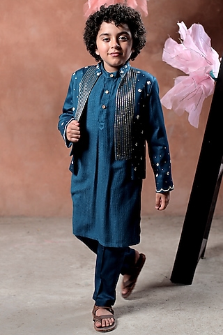 Blue Sapphire Vegan Silk Vortex Sequins Hand Embroidered Indo-Western Jacket Set For Boys by Littleens