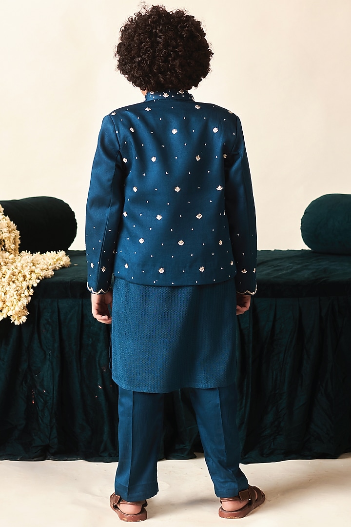 Blue Sapphire Vegan Silk Vortex Sequins Hand Embroidered Indo-Western Jacket Set For Boys by Littleens at Pernia's Pop Up Shop