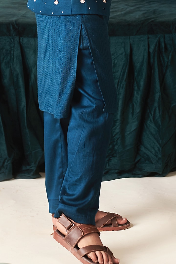 Blue Sapphire Vegan Silk Vortex Sequins Hand Embroidered Indo-Western Jacket Set For Boys by Littleens at Pernia's Pop Up Shop