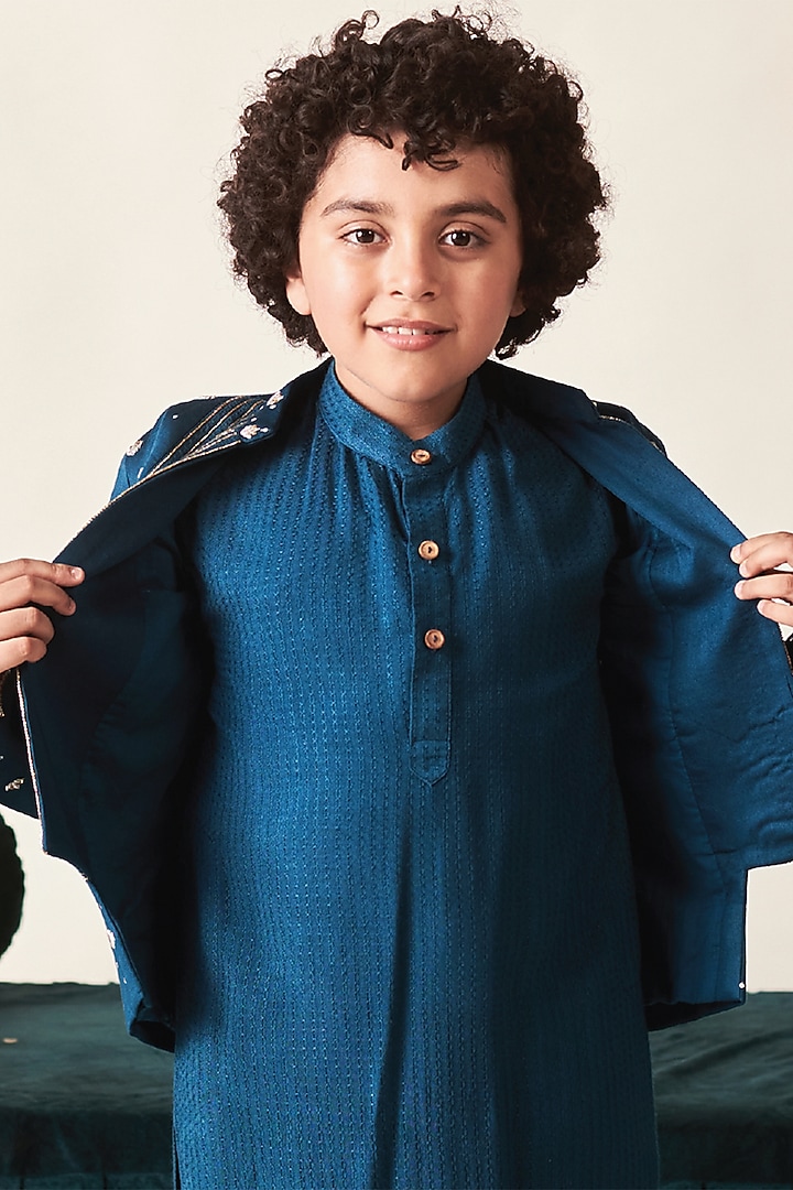Blue Sapphire Vegan Silk Vortex Sequins Hand Embroidered Indo-Western Jacket Set For Boys by Littleens at Pernia's Pop Up Shop