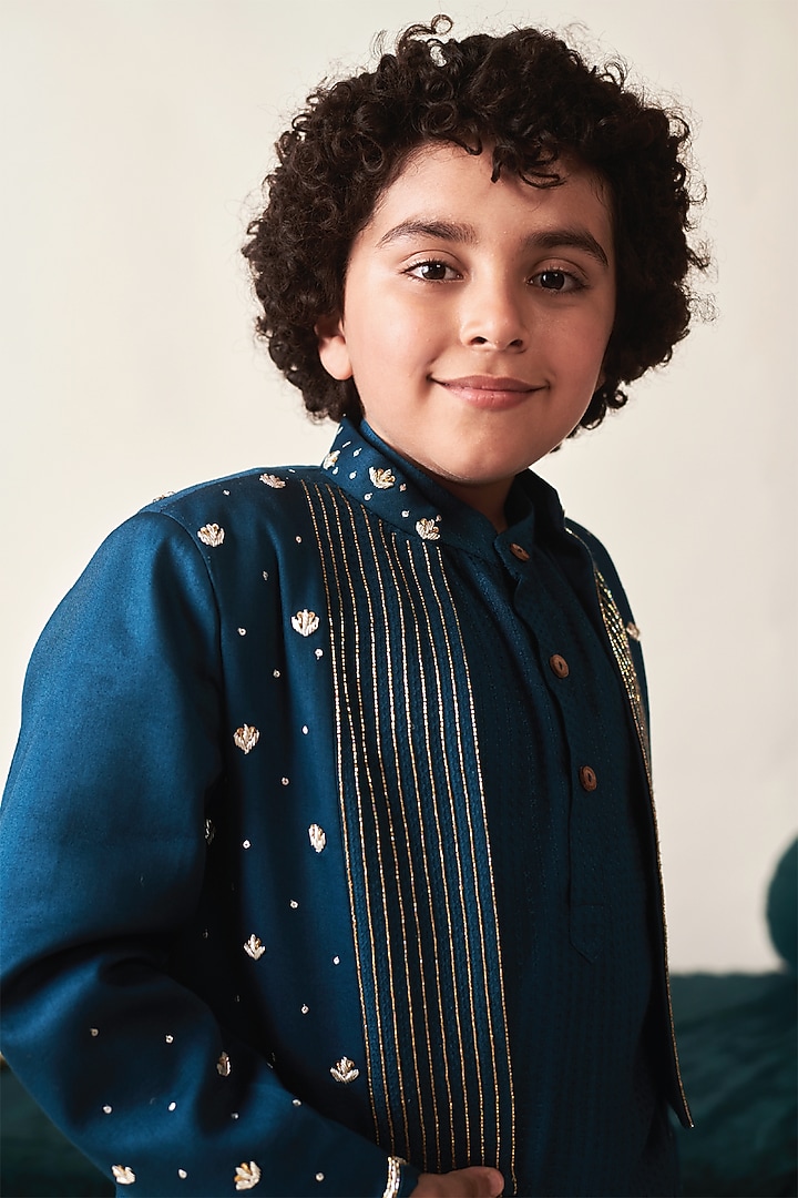 Blue Sapphire Vegan Silk Vortex Sequins Hand Embroidered Indo-Western Jacket Set For Boys by Littleens at Pernia's Pop Up Shop