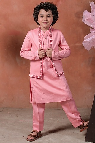Cherry Blossom Vegan Silk Pearl Embroidered Nehru Jacket Set For Boys by Littleens
