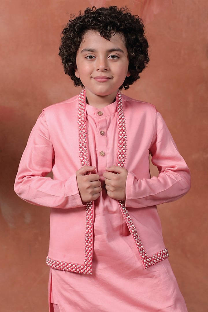 Cherry Blossom Vegan Silk Pearl Embroidered Nehru Jacket Set For Boys by Littleens at Pernia's Pop Up Shop