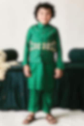 Irish Green Vegan Silk Sequins Hand Embroidered Nehru Jacket Set For Boys by Littleens