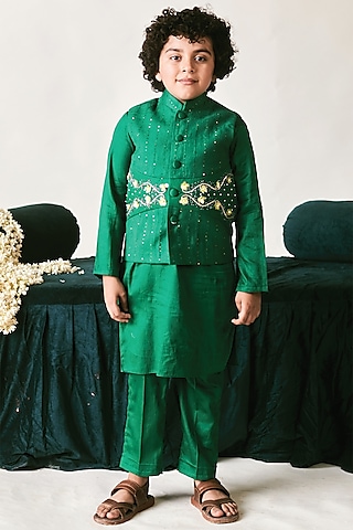 Irish Green Vegan Silk Sequins Hand Embroidered Nehru Jacket Set For Boys by Littleens