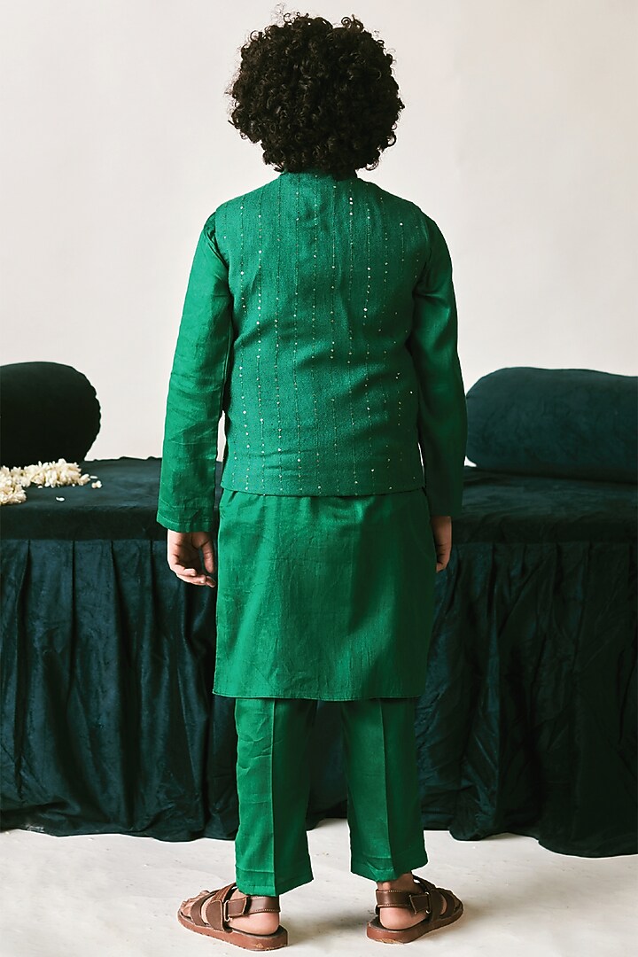Irish Green Vegan Silk Sequins Hand Embroidered Nehru Jacket Set For Boys by Littleens at Pernia's Pop Up Shop