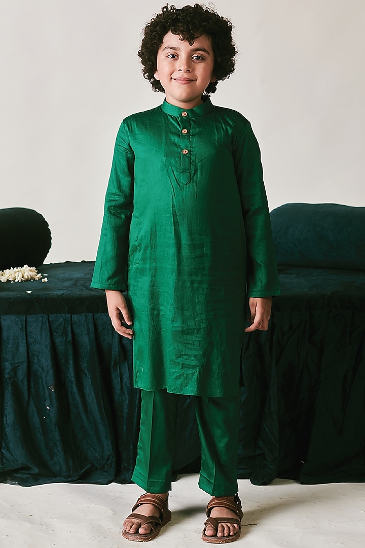 Irish Green Vegan Silk Sequins Hand Embroidered Nehru Jacket Set For Boys by Littleens at Pernia's Pop Up Shop