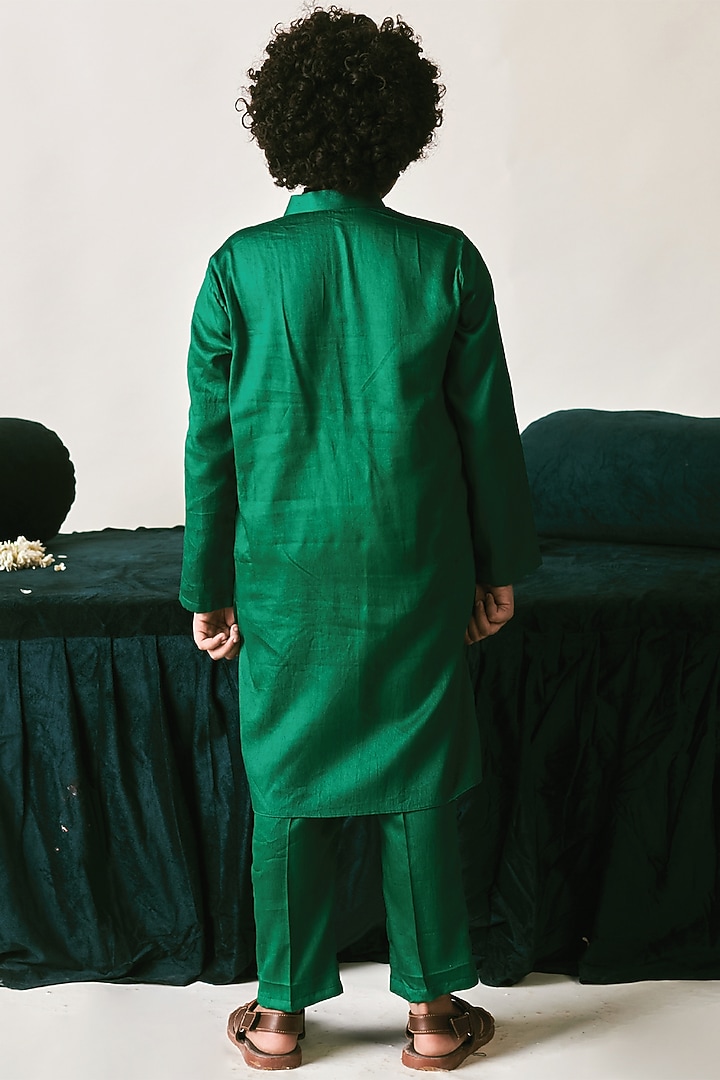 Irish Green Vegan Silk Sequins Hand Embroidered Nehru Jacket Set For Boys by Littleens at Pernia's Pop Up Shop