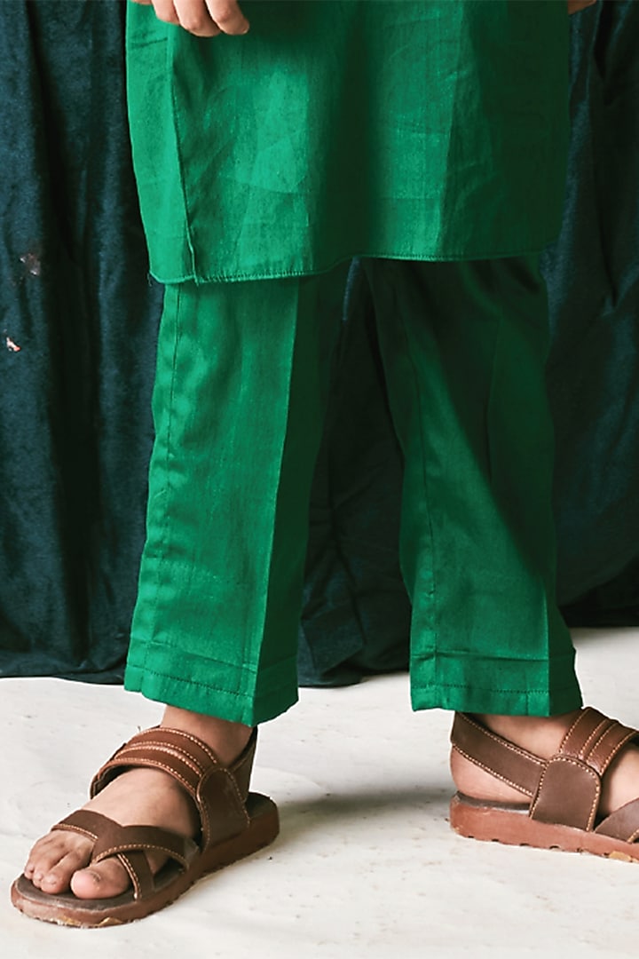 Irish Green Vegan Silk Sequins Hand Embroidered Nehru Jacket Set For Boys by Littleens at Pernia's Pop Up Shop