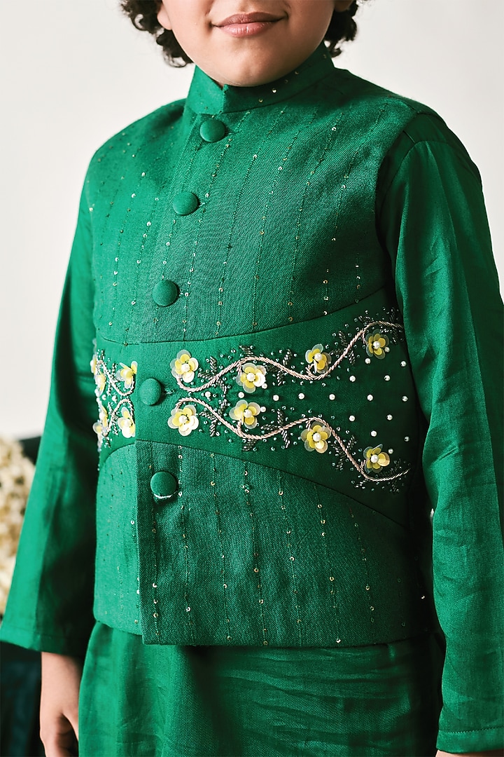 Irish Green Vegan Silk Sequins Hand Embroidered Nehru Jacket Set For Boys by Littleens at Pernia's Pop Up Shop