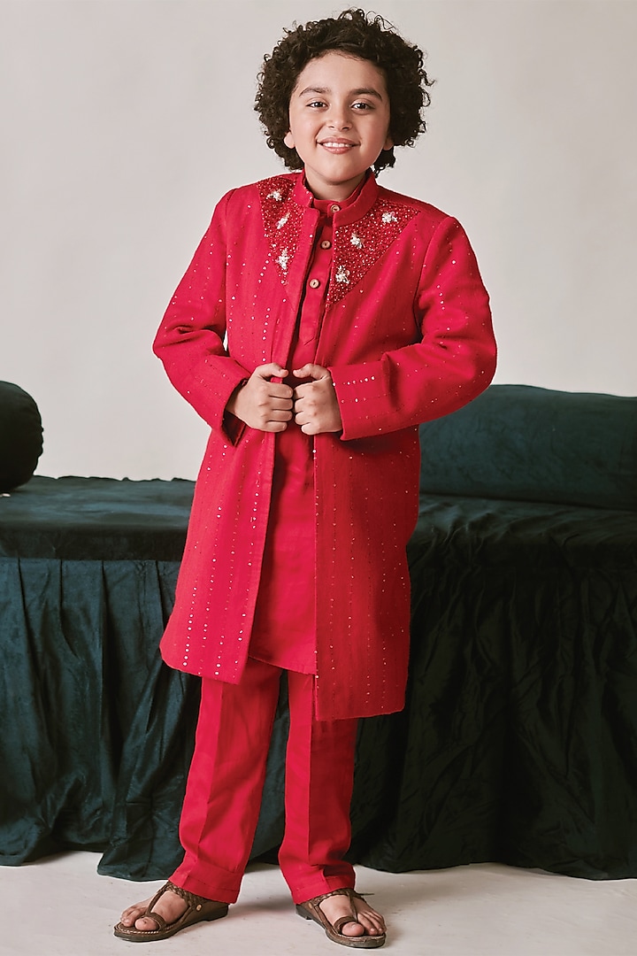 Crimson Red Vegan Silk Sequins Embroidered Sherwani Set For Boys by Littleens