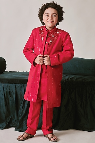 Crimson Red Vegan Silk Sequins Embroidered Sherwani Set For Boys by Littleens