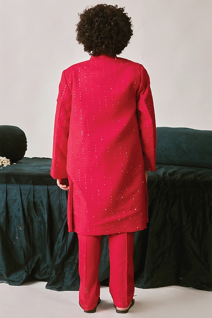 Crimson Red Vegan Silk Sequins Embroidered Sherwani Set For Boys by Littleens at Pernia's Pop Up Shop
